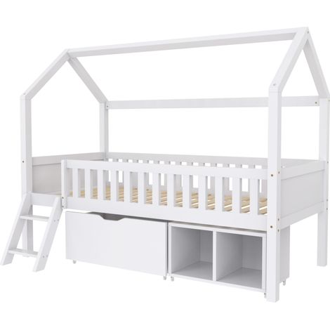 Lit cabane pour enfant et adolescent 200x90 avec tiroirs et compartiments de rangement, convient aux garçons et aux filles, avec barrière anti-chute, blanc, [OLD SKU:3226867AAW] (1/5)