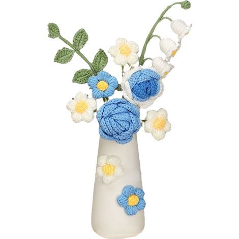 Fleurs au crochet faites à la main avec vase en céramique, fleurs artificielles éternelles, bouquet de fleurs au crochet, roses tricotées, plantes en pot, fleurs artificielles réalistes-AquaForge (1/5)