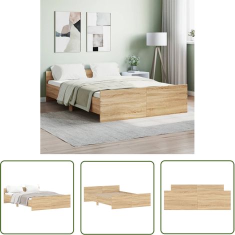 The Living Store Bettgestell mit Kopf- und Fußteil Sonoma-Eiche 140x190 cm - Holzbettfassungen - Doppelbett - Bettkopfstütze - Massivholzbette - Eiche Möbel (1/5)