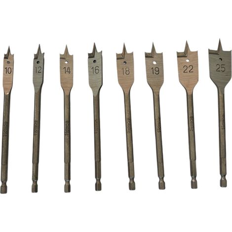 Jeu de forets en bois 8 pièces Mecchie plate 10–25 mm en acier au carbone, pointe à pelle pour menuiserie, bricolage et travaux en bois (1/3)