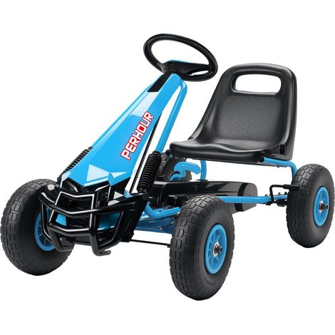 Kart a pedales infantil, coche de carreras para exterior de 3-8 años con asiento ajustable y ruedas EVA, estructura de acero resistente y freno de mano, azul (1/5)