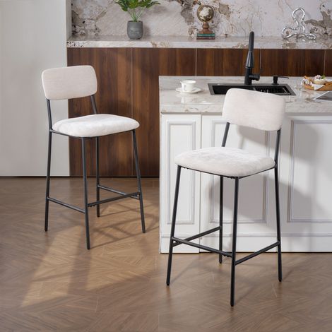 Lot de 2 tabourets de bar chenille avec dossier haut, repose-pieds et siège épais, cadre acier, crème