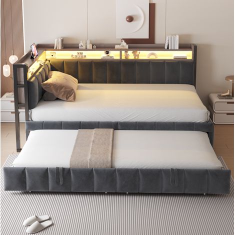 Letto estraibile 90x200 in velluto grigio scuro, LED, salvaspazio, senza materasso – MEUBLIV (1/5)