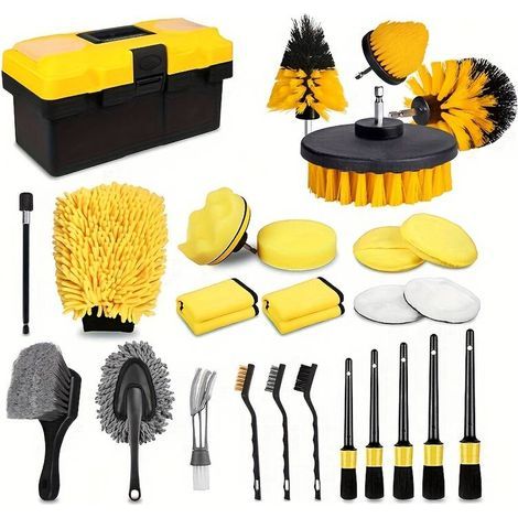 Kit per il lavaggio dell'auto composto da 27 pezzi, incluse spazzole per la pulizia interna ed esterna e strumenti per la pulizia dei cerchioni: un kit di manutenzione completo. Trapano non incluso. (1/5)