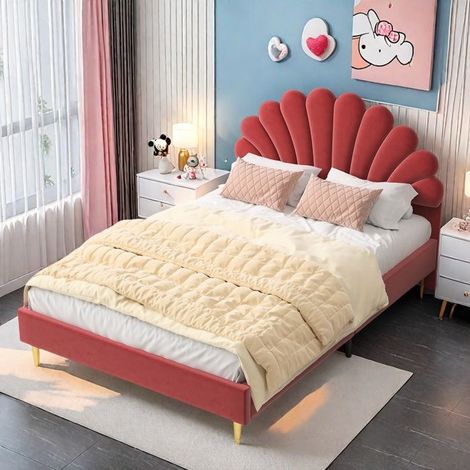 Doppelbett 140x200 cm - Kopfteil Blume - Gepolstert - Bordeaux Samt - Füße aus goldenem Metall