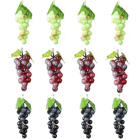 12 uvas decorativas, uvas artificiales realistas, uvas de plástico, para decoración de vino, accesorios de frutas artificiales (verde, fucsia y negro) (1/5)