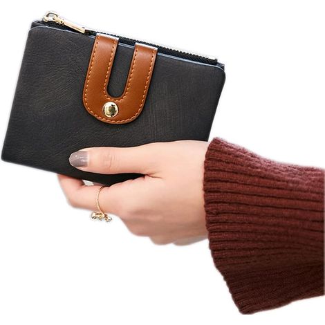 Mini porte-monnaie zippé pour dames en cuir RFID à deux volets (noir)