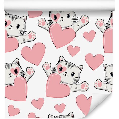 Papier peint chatons et cœurs pour salon et chambre 50x1000 cm (1/5)