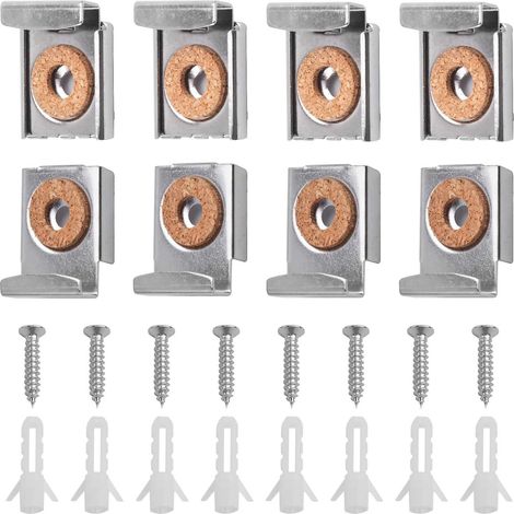 Ensemble de 2 jeux (8 pièces) de fixations pour miroirs sans cadre, en acier inoxydable 304. Fixations à ressort avec vis et chevilles. (1/5)