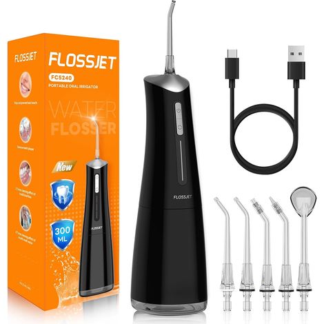 Jet Dentaire Hydropulseur,Water Flosser 4 Modes IPX7 Sans Fil Irrigateur Oral 300ML,Livré Avec 5 Buses Rotatives À 360°,Recharge USB-C,Portable Idéal Pour Voyages Et Usage Quotidien (1/5)