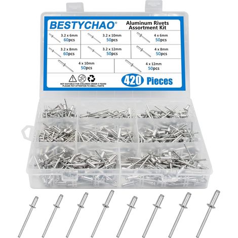 420pcs 8 tailles rivets aveugles en aluminium, kit d'assortiment de rivets pop M3.2 M4 (argent) (1/5)