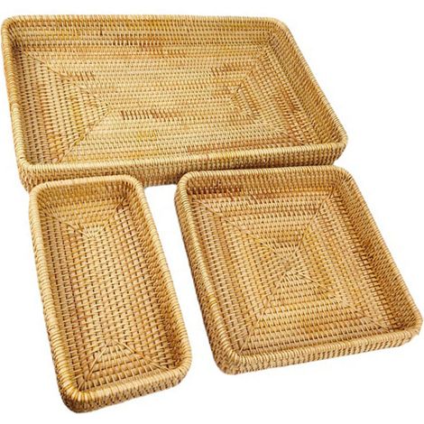 Plateau de table en rotin tressé à la main, panier de rangement multifonctionnel pour en-cas, ensemble de 3 pièces (1/5)