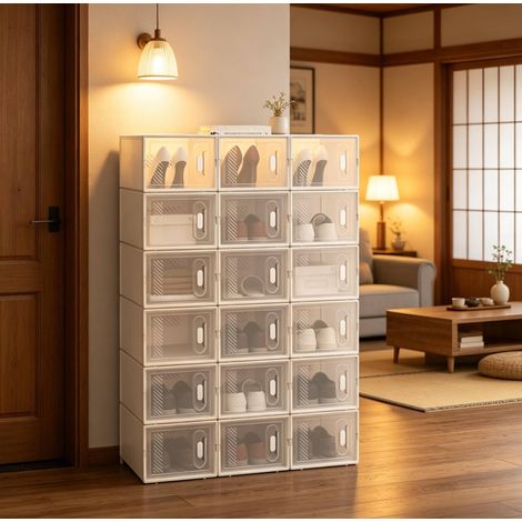Mueble zapatero modular de 18 cajas, plástico transparente y blanco HAVRYA (1/5)
