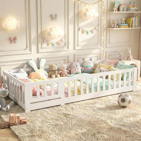 Lit Enfant 90x190 cm en Bois Massif, Lit Bateau avec Garde-corps Sécurisé, Anti-chute, Sommier à Lattes Inclus, Blanc