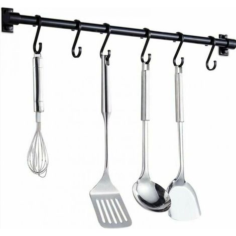 40CM Barre Murale Cuisine Ustensiles  - Barre Étagère de Cuisine avec 6 Crochets Amovibles - Rack Porte Étagère à Fixation Murale pour Ustensiles de Cuisine (Noir)