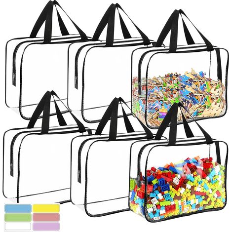 Confezione da 6 borse riutilizzabili in PVC trasparente per giochi da tavolo, borse da viaggio impermeabili con cerniera per mattoncini, puzzle e libri per bambini. (1/4)