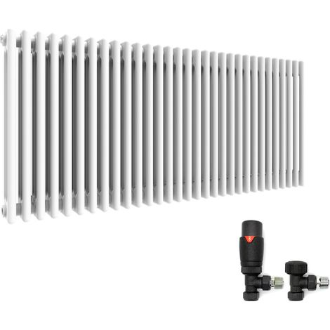 ELEGANT 600 x 1400 mm Traditional Radiator Cast Iron Style Horizontal Radiator White Triple Horizontal Column Radiators and Anthracite Thermostatic Radiator Valves (1/5)
