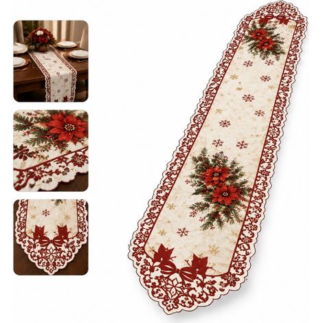 Nappe de Noël Classique Européenne 100D Polyester 33x180cm Rouge, Décoration Festive pour Table à Manger 1 Pièce (1/5)