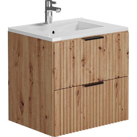 Mobile per bagno sospeso con scanalature e lavabo da incasso 60 cm Naturale chiaro - ZEVARA (1/4)