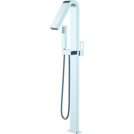 IMEX freistehender Badewannen-Duschmischer aus Edelstahl und Messing in Inox mit Keramikkartusche Ø35 mm und PVC-Flexschlauch bodenstehende Steuerbox – Modell SUE (1/2)