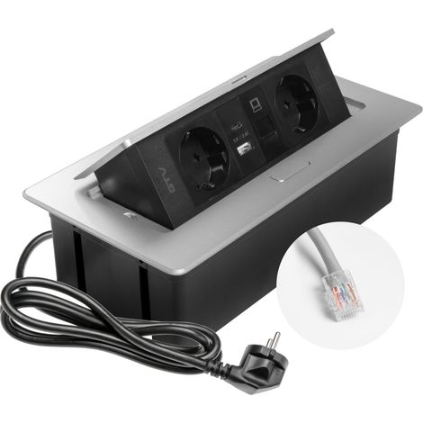 GTV – Presa da incasso MULTISOFT alluminio con 2 x Schuko, USB A+C, RJ45, retrattile con copertura, cavo da 1,5 m, ideale per scrivania, tavolo da conferenza o piano di lavoro della cucina (1/2)