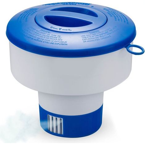 Dispenser galleggiante di cloro per pastiglie da 7,6 cm, flusso regolabile, per piscine e spa, diametro 16,2 cm - Blu, bianco (1/5)