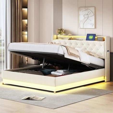 Lit rembourré - GUTENT - 160x200 cm - LED multicolores - USB intégré - Rangement hydraulique (1/5)