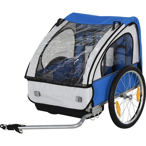 Rimorchio Carrello per Bicicletta porta Bambini 2 Posti in Acciaio e Tessuto Blue e Bianco (1/5)