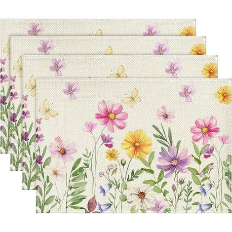Manteles individuales, 4 piezas, 45x30 cm, Lavables, Flores, Resistentes al calor, Antideslizantes, Posavasos, Manteles individuales (1/5)