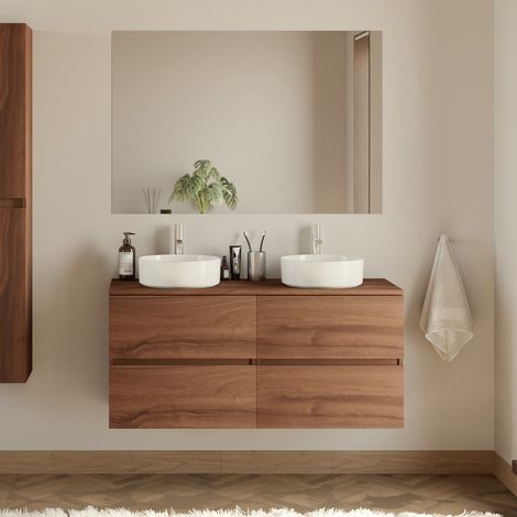 Meuble de salle de bain 120cm avec plateau et 2 vasques à poser rondes - 4 tiroirs - noyer (bois foncé) - IDA (1/5)