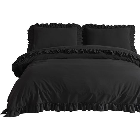 Bettwäsche-Set 160x200 cm, 100 % gekräuselte Baumwolle mit Rüschen, tiefschwarz (1/5)