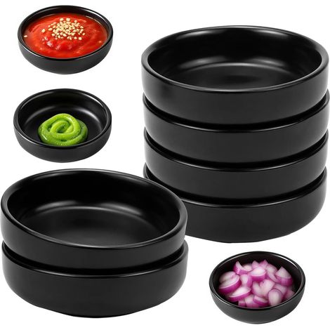 6 Bols à Sauce, Céramique, 9x9x2,4 cm, Noir, Pour Sushi, Restaurant (1/5)