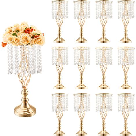 Vase de mariage, lot de 12, supports de fleurs de mariage en cristal de 49 cm de haut, vase or en métal pour centre de table pour dîner de mariage, cérémonie, anniversaire, événement, décoration (1/5)
