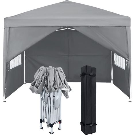 Faltpavillon 3x3m mit Seitenteilen und Fenstern, wasserdicht, UV-Schutz, Grau (1/5)