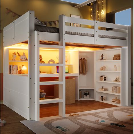 Letto a soppalco per bambini 140 x 200 cm con scrivania, vani portaoggetti e LED, bianco HAVRYA (1/5)