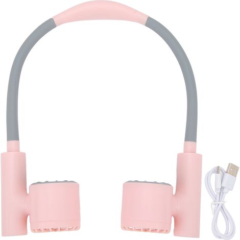 Ventilateur de cou sans fil 3 vitesses rechargeable USB batterie 2400mAh silencieux flexible rotation 90° portable rose (1/5)