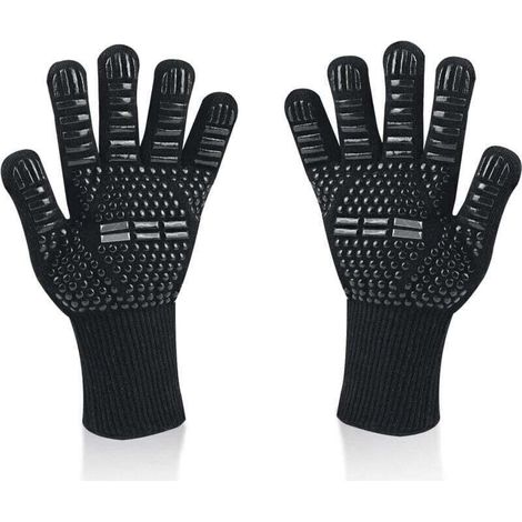 Gants de barbecue universels, résistants à la chaleur jusqu'à 800 °C, antidérapants, ignifuges, en silicone, avec protection de l'avant-bras, pour barbecue, four, cheminée (noir) (1/4)