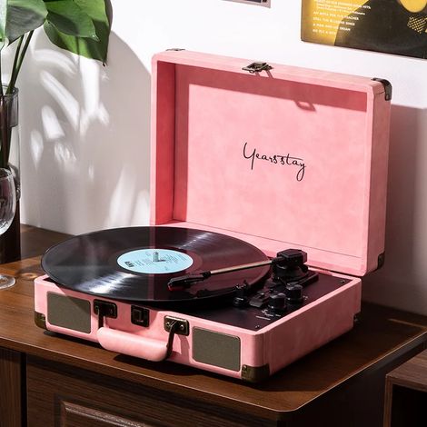 (Rose) Mini platine vinyle portable/platine vinyle de bureau, compatible avec la lecture audio sans fil Bluetooth (1/3)