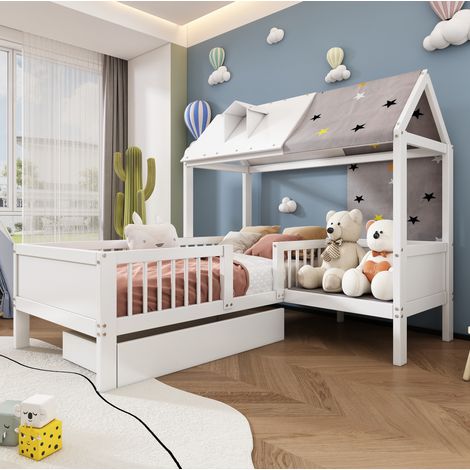 Cama infantil de madera maciza y MDF blanca 90x200 cm con cajones y somier incluido (1/5)