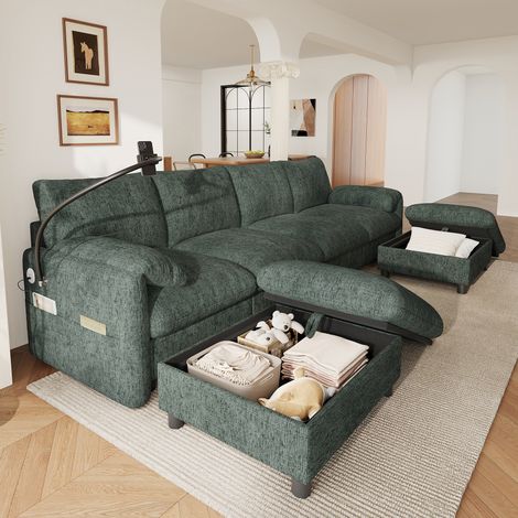Canapé d’Angle Modulable 6 Places en U ou L avec 2 Poufs Coffres, USB Type-C, Support Téléphone, Chenille - Vert (1/5)