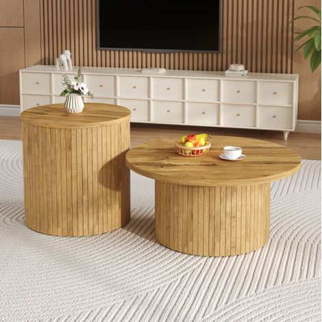 Table basse gigogne ronde 75x75x36/50x50x50,5 cm naturel, lot de 2 en MDF MEUBLIV (1/5)