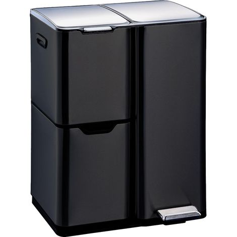 Poubelle de cuisine à pédale tri sélectif recyclage 60L(13+17+30L) en acier Inox Noir avec seau (1/5)