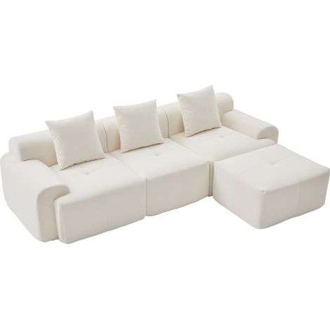 Canapé d'angle modulable beige 3 places avec pouf, sofa sans montage en tissu côtelé et mousse à mémoire de forme, style moderne pour salon - CHICFURN (1/5)
