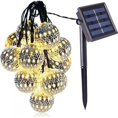 Guirnalda de luces solares de 1 pieza, estilo marroquí, hierro, 5 m, 20 luces, luz blanca cálida, para interiores y exteriores. (1/5)