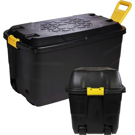 2 x 145L Black Heavy Duty Robust Storage Trunks With Wheels & Handles
