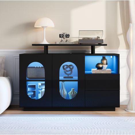 Buffet en bois d’ingénierie noir 120x40x80 cm avec LED, vitrine en verre, tablettes réglables et tiroirs (1/5)