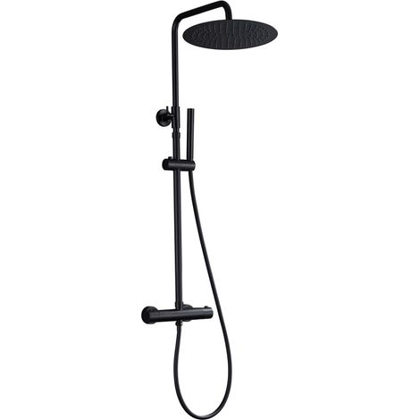 Görbach Duschsäule mit Thermostat Schwarz matt – XXL Regendusche rund 30 cm – Brauseschlauch 150 cm – Edelstahl und hochwertiges ABS – Schwarz matt