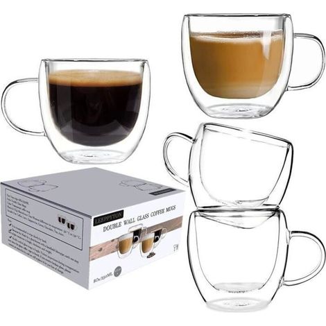 Tasse Double Paroi Verre, Mug Verre Café Borosilicate avec Poignée pour thé, Cappuccino, Lait, Jus, Set de 4 (150ml) (1/4)