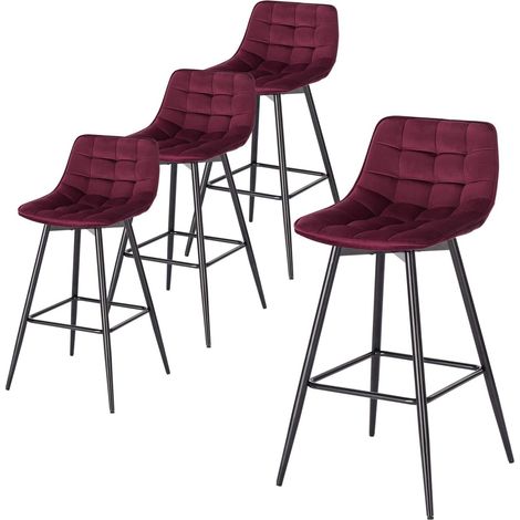 WOLTU 4 X Tabouret de Bar 43 x 35, 5 x 88cm, Chaise de Bar Assise en Velours et Pieds en métal, avec Pieds et Repose-Pieds , Bordeaux (1/4)