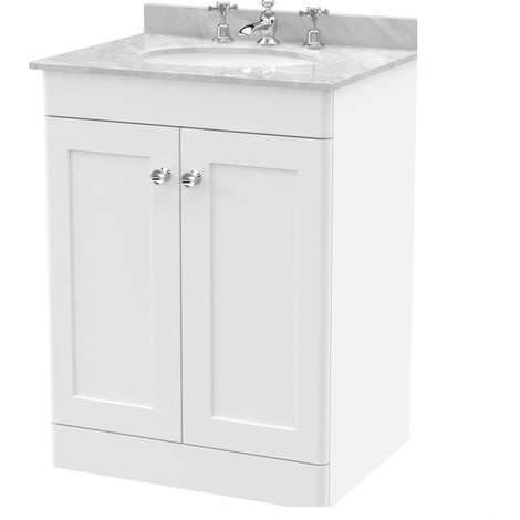 Swynnerton Traditional 2 Door Floor Standing Vanity Unit with Marble Basin, Satin White, 600mm